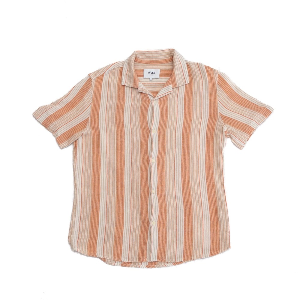 Wax London Striped Short Sleeve Shirt Mens M Orange Beige Textured Cotton Casual